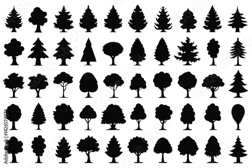 Even More Ultimate Tree collection, 100 detailed, different tree vectors. Evergreen forest firs and spruces black shapes, wild nature trees templates. Vector illustration woodland trees set.
