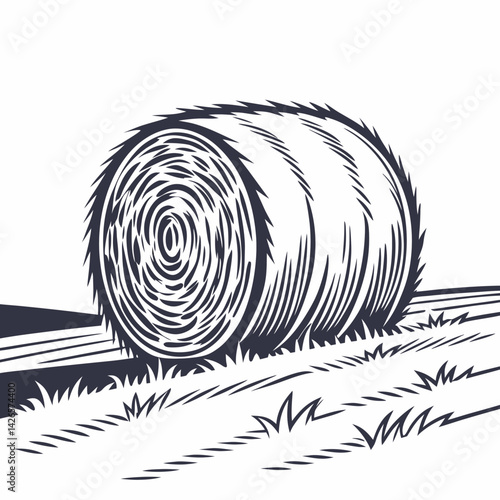 Detailed Black and White Vector Silhouette of a Hay Bale Resting in a Field Surrounded by Grass Generative AI