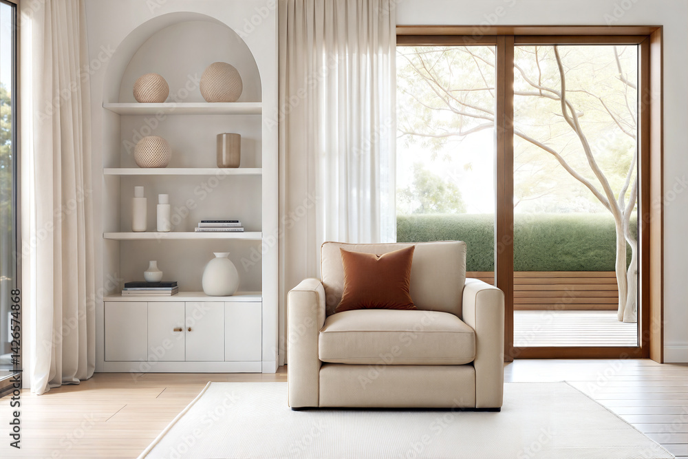 Fototapeta premium Minimalist living room with neutral tones, modern furniture, and large windows