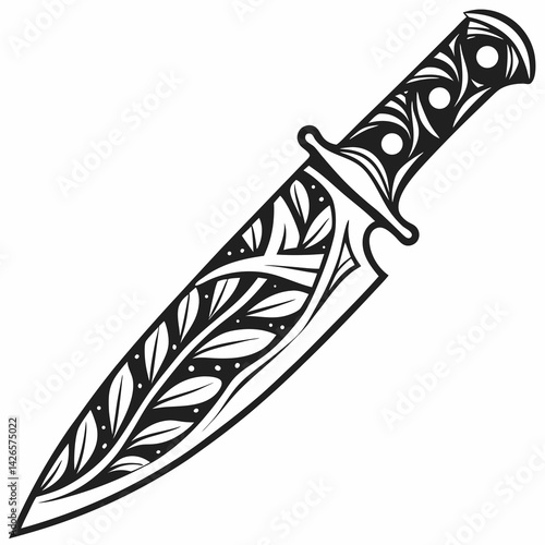 Intricate Black and White Vector Logo Silhouette of a Decorative Knife With Handle Designs and Leaf Patterns Generative AI