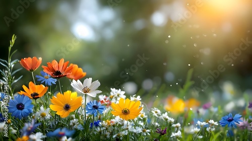 Colorful blooming flowers in a lush garden
