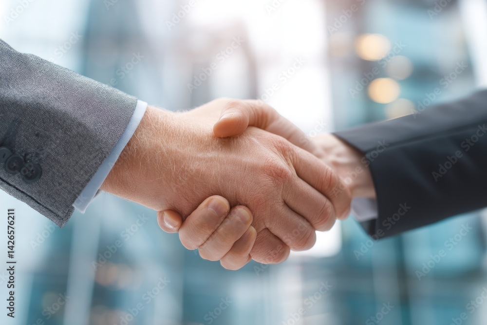 Businessmen exchange a firm handshake in a modern office setting.