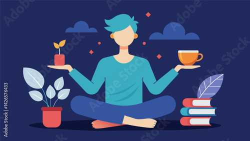 Balancing a cup of tea in one hand and a book in the other the stoic luxuriates in the tranquility of his evening routine.. Vector illustration