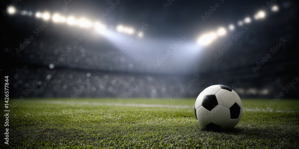 Soccer ball on a green field in a brightly lit stadium.