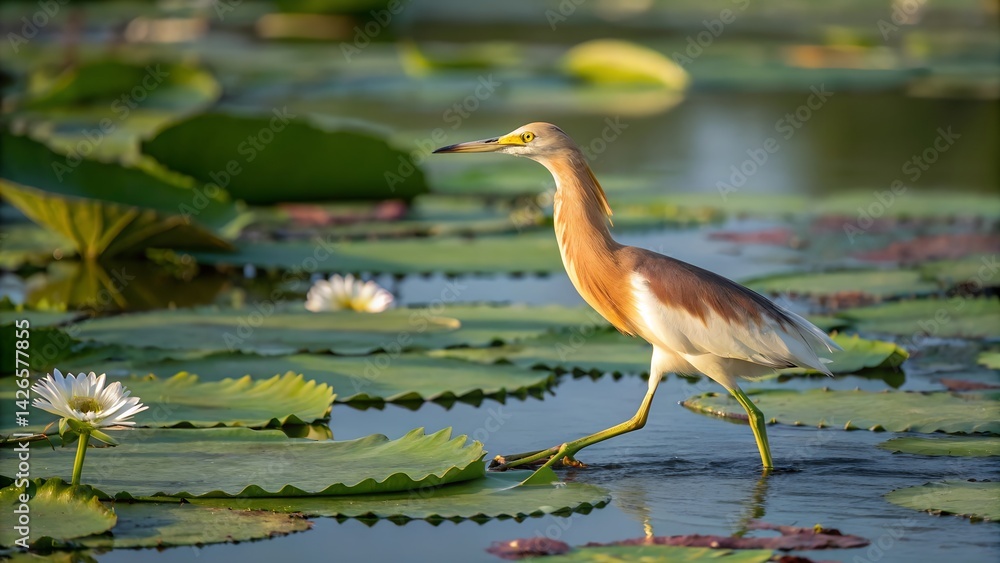 A Javan Pond Heron is walking, hunting on lilypads on a bright sunny day. A Javan Pond Heron is walking, hunting on lilypads on a bright sunny day.