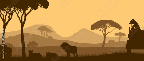 Beautiful vector landscape of African Savannah  Safari with a photographer on the foof of a vehicle taking picture of lions during sunset.