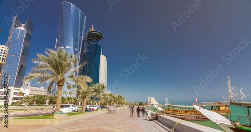 Timelapse of Doha Corniche in Doha, Qatar featuring skyline and waterfront. Perfect for travel blogs, cityscape articles, and tourism brochures.