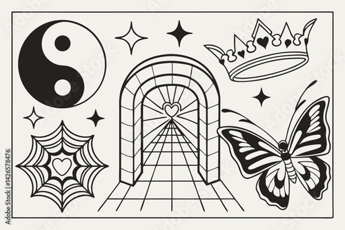 95 Retro design elements, black and white graphics, optical illusions, geometric patterns, yin yang symbol, flame icon, butterfly silhouette, heart with crown, spiral vortex, archway with stars, persp