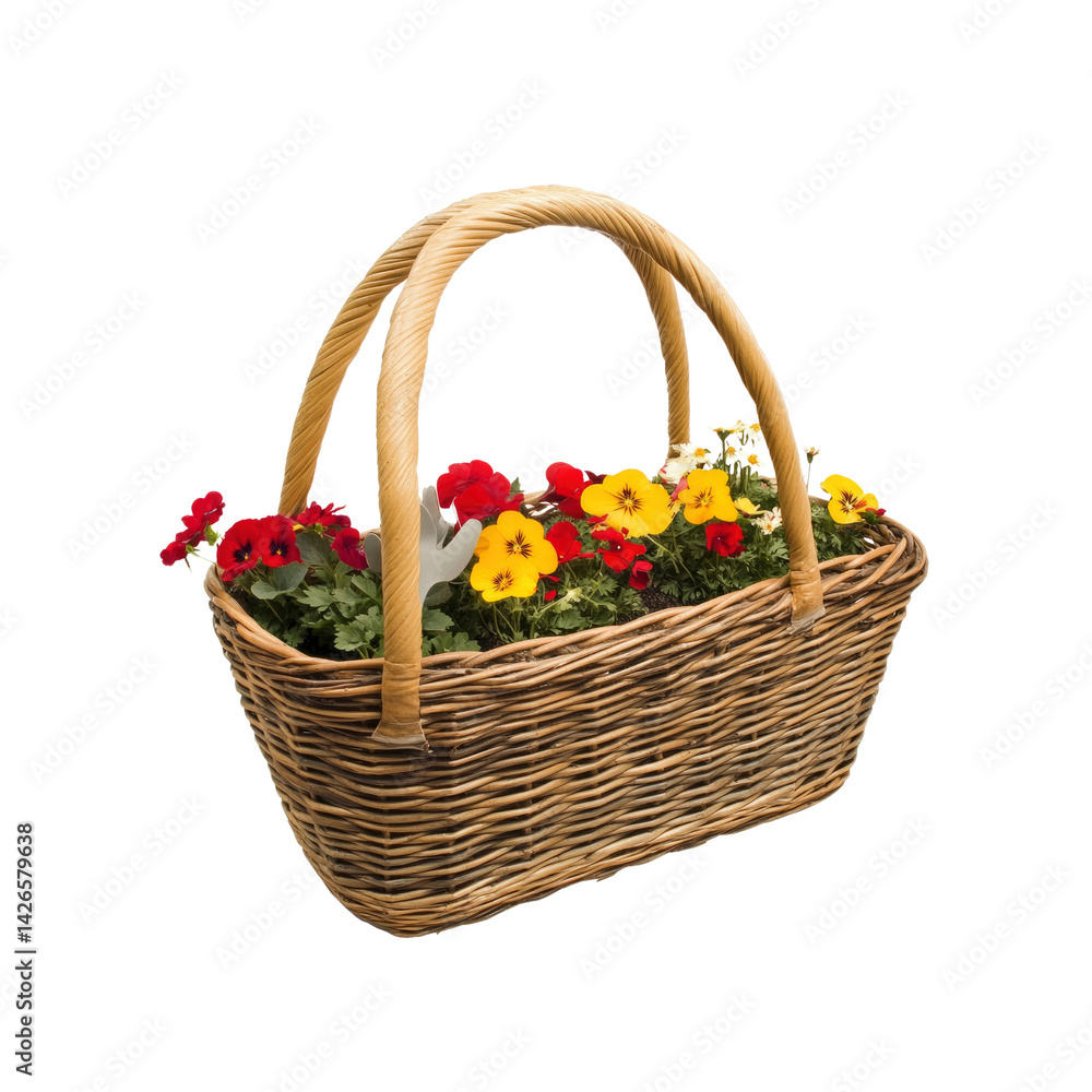 Wicker Basket Overflowing with Vibrant Pansies and Daisies Wicker Basket Overflowing with Vibrant Pansies and Daisies