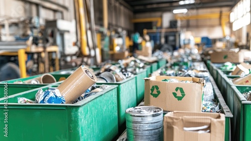Recycled materials being sorted into labeled bins as part of a green production process