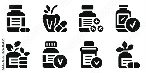 Collection of Black and White Medicine and Supplement Icons/This set of eight icons depicts various types of medication and supplements.