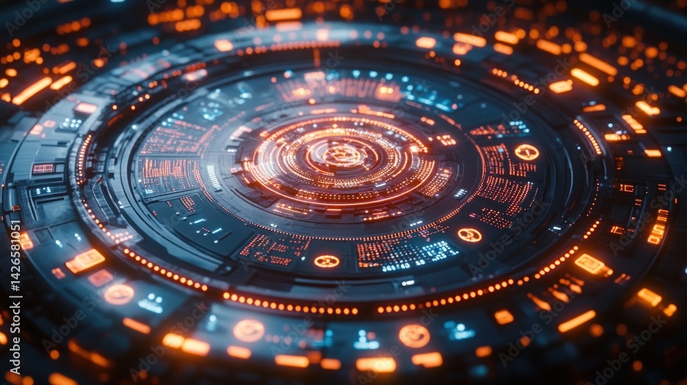 Futuristic technological interface. Circular, intricate design with glowing orange and blue lights Futuristic technological interface. Circular, intricate design with glowing orange and blue lights