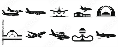 Collection of Black and White Airplane and Airport Icons..