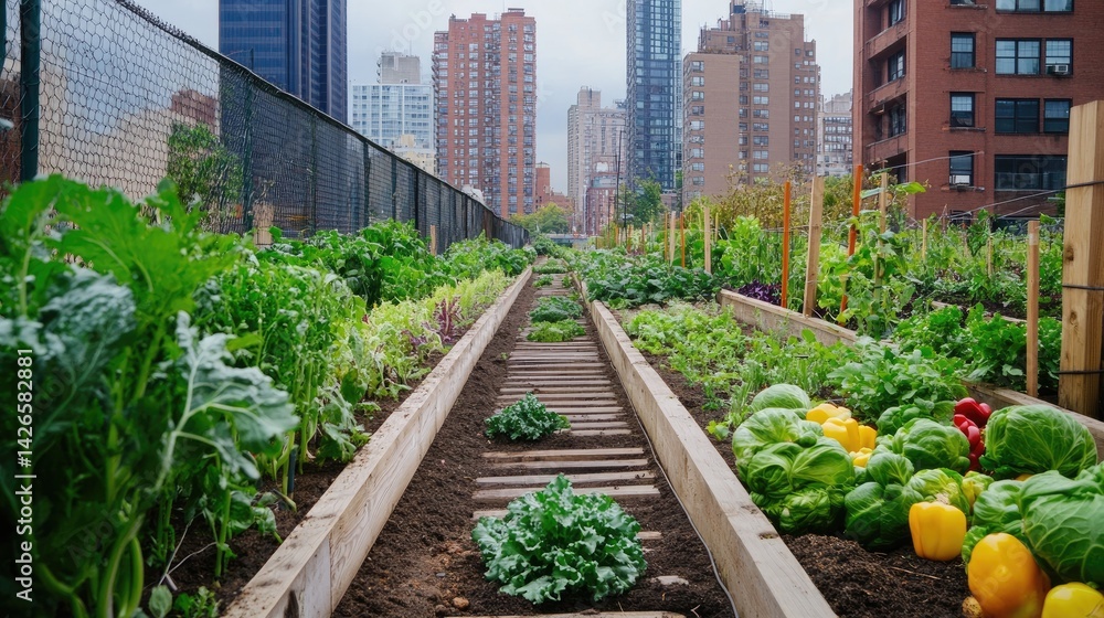 Rooftop urban farm with vegetables, compost bins, and rainwater harvesting promoting food sustainability Rooftop urban farm with vegetables, compost bins, and rainwater harvesting promoting food sustainability