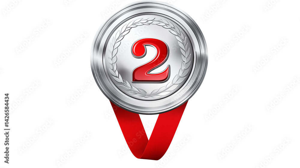 A silver medal with a red number two and a red ribbon isolated on transparent background A silver medal with a red number two and a red ribbon isolated on transparent background