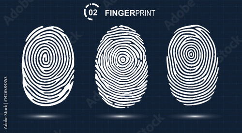 Collection of three white fingerprint isolated on dark blue background. Security concept stock illustration