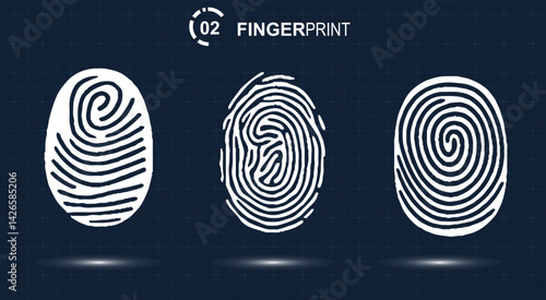 Collection of three white fingerprint isolated on dark blue background. Security concept stock illustration