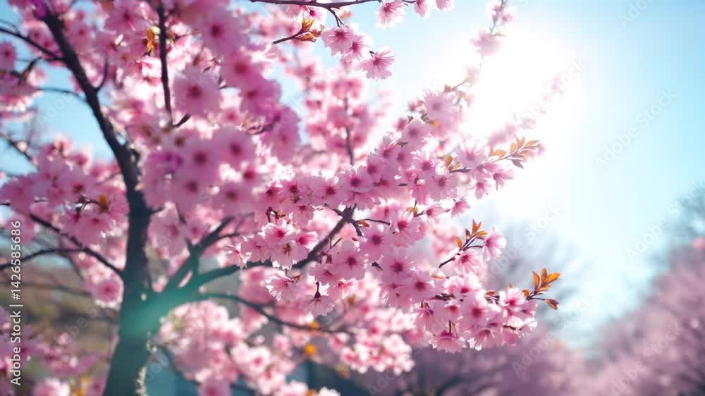 Blooming Cherry Blossoms with Falling Petals in Springtime Blooming Cherry Blossoms with Falling Petals in Springtime