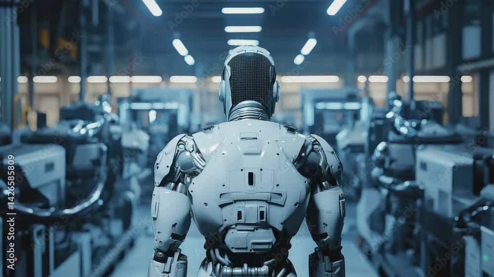 custom made wallpaper toronto digitalRobotic Workforce: A gleaming android figure strides confidently through an industrial facility, embodying innovation and automation.