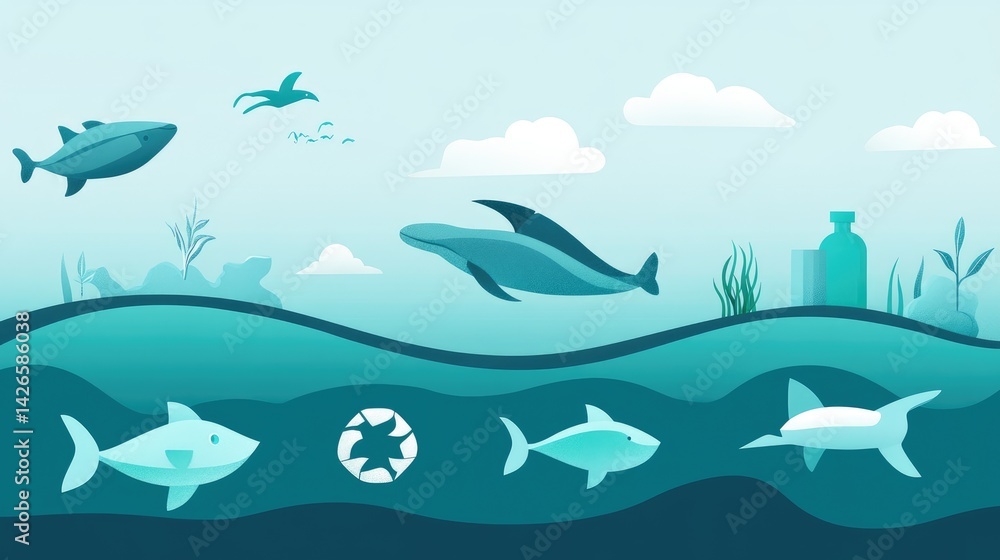 Obraz premium Sustainable fisheries concept image with clean ocean scene and icons of environmental balance