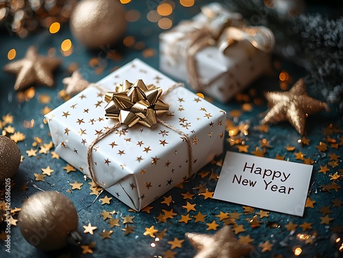 Festive New Year gift box with handwritten greeting card