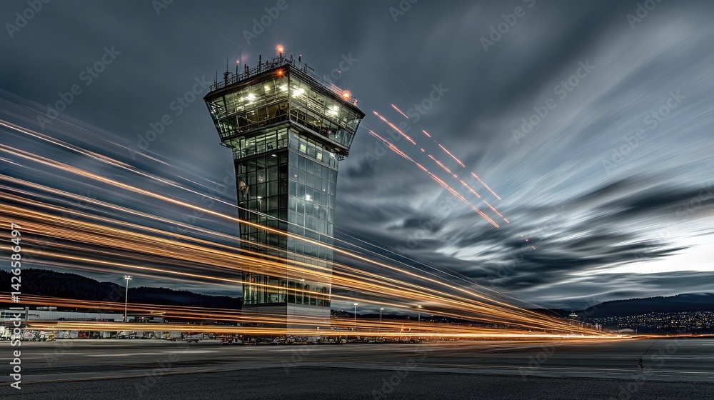 Time-lapse composite of aircraft light trails around airport with control tower in the frame