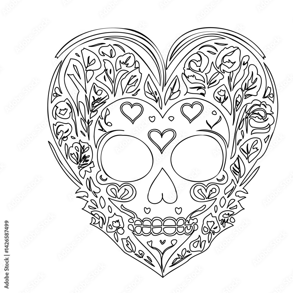 Naklejka premium Sugar Skull Floral Heart Outline Illustration