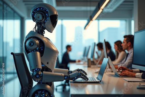 A humanoid robot works in an office on a laptop among other workers on background, showcasing the utility of automation in repetitive and tedious tasks. AI