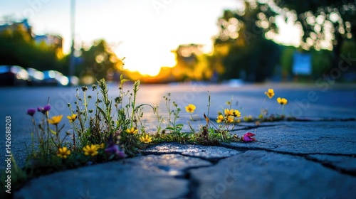 Wildflowers pushing through cracks in urban pavement, symbolizing grassroots social rewilding