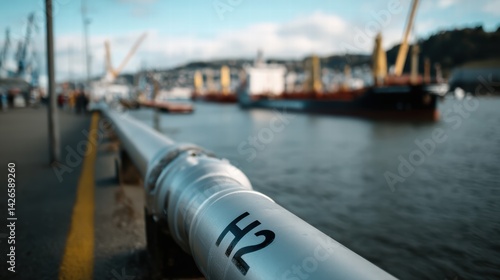 large industrial pipeline marked with H2 runs along waterfront, showcasing bustling harbor with cranes and ships in background. scene conveys sense of industry and activity