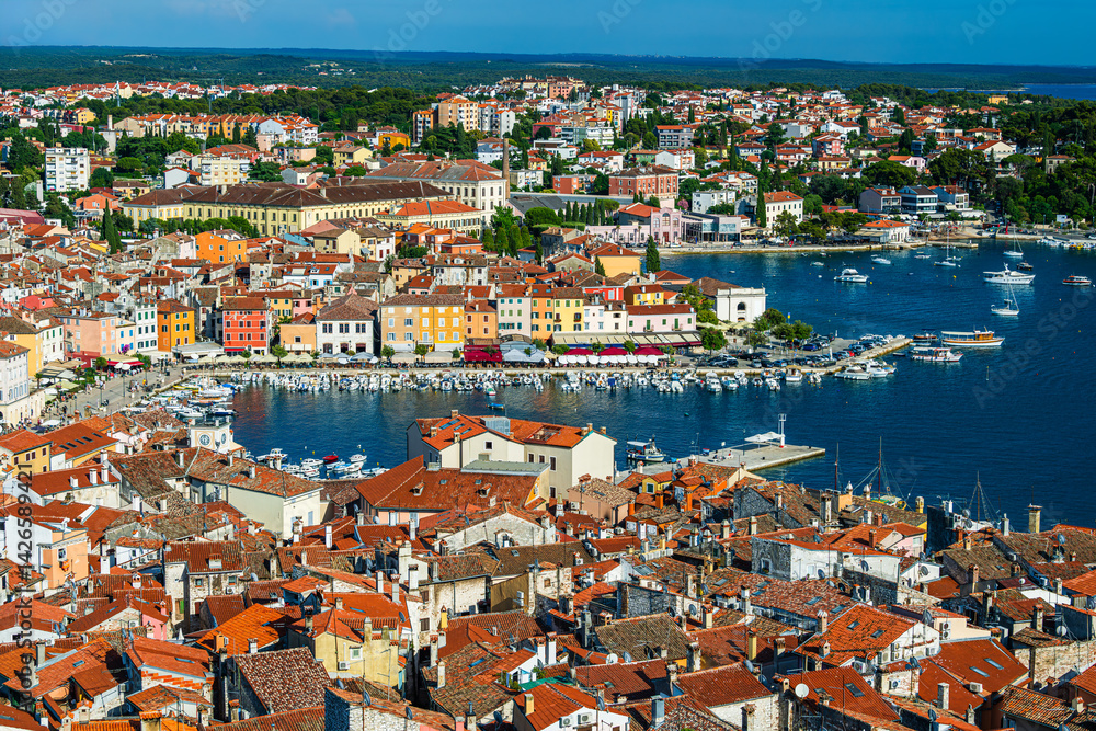 Aerial view over the harbor in the city of Rovinje in Croatia.