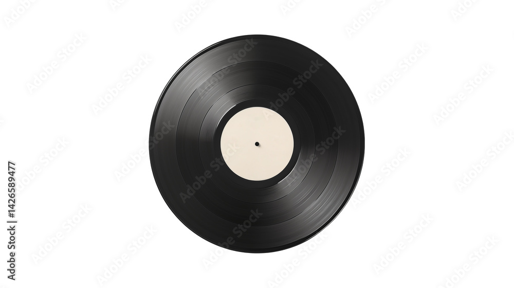 Fototapeta premium A black vinyl record with a white label on a dark isolated on transparent background