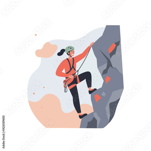 Woman rock climbing with safety gear and helmet on outdoor cliff adventure activity vector illustration 