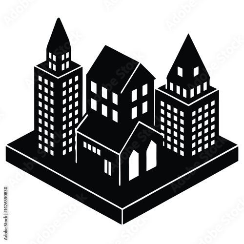 isolated Black vector miniature buildings WIith White Background