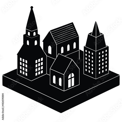 isolated Black vector miniature buildings WIith White Background