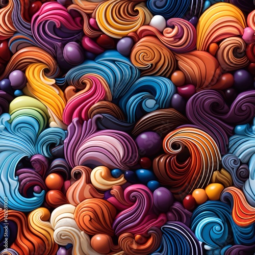 Seamless abstract pattern of multicolored candies in the form of spirals. Generative AI