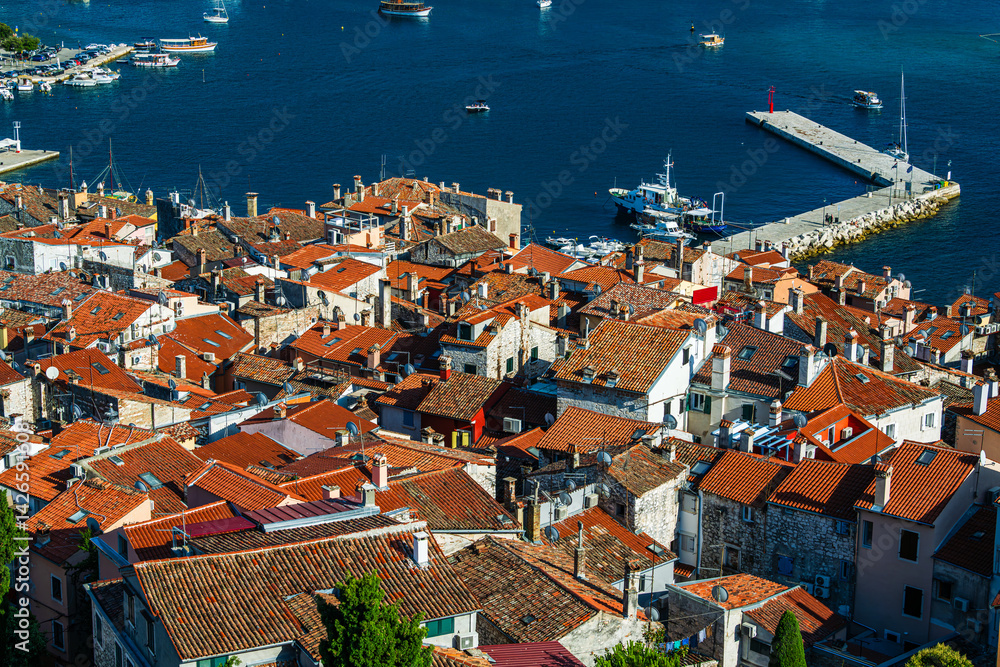 Aerial view over the harbor in the city of Rovinje in Croatia.