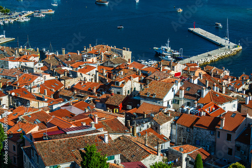Obraz na płótnie Aerial view over the harbor in the city of Rovinje in Croatia. w salonie