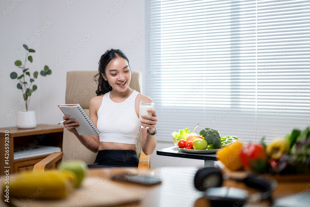 A woman is sitting in a chair with a glass of milk in front of her A woman is sitting in a chair with a glass of milk in front of her