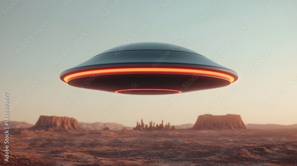 Mysterious UFO Hovering Over Desert Landscape Mysterious UFO Hovering Over Desert Landscape