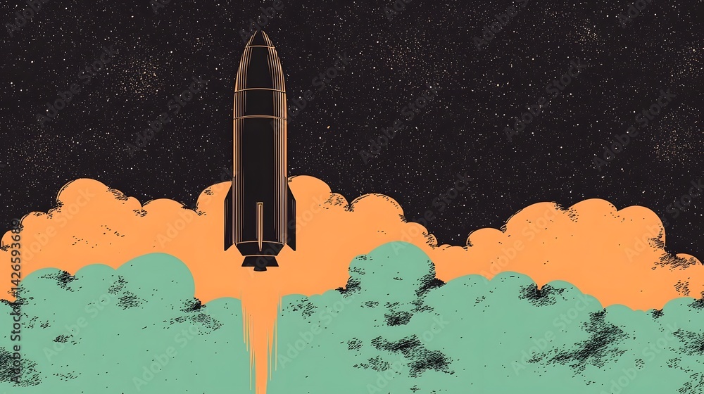 Rocket blasting off into the starry night sky Rocket blasting off into the starry night sky
