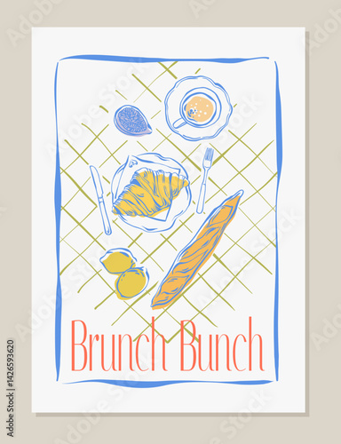Brunch or breakfast in la dolce vita abstract trendy style poster with coffee, croissant, baguette. Breakfast club. Minimalist line art illustration ink drawing sketch for card, invitation, print.