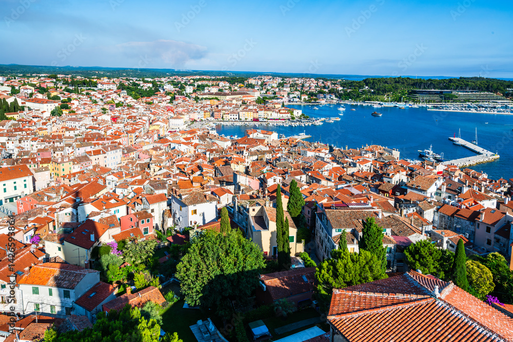 Aerial view over the harbor in the city of Rovinje in Croatia.