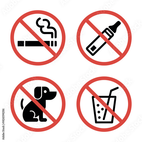 Prohibition Signs For Smoking Vaping Pets And Drinks With Red Circle Border On White Background Illustration