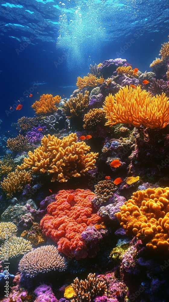 Fototapeta premium Vibrant Coral Reef Underwater Scene with Colorful Fish