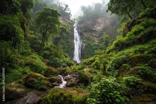 Lush Rainforest Waterfall Cascading Through Verdant Mountains.