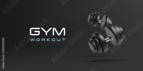 Workout, gym. 3D black dumbbells on a dark background. Modern banner for sports, training, motivation, fitness, and physical activity. Vector illustration.