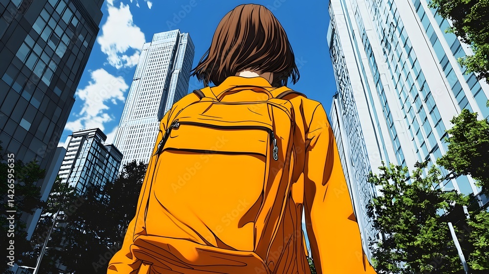 Fototapeta premium Person with orange backpack exploring the urban cityscape