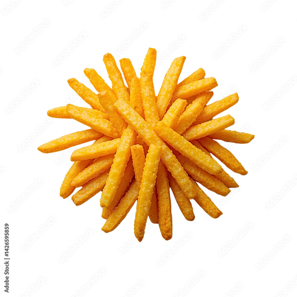 Fototapeta premium A salty pile of crispy potato sticks, isolated on a white background, makes a delicious and fast snack