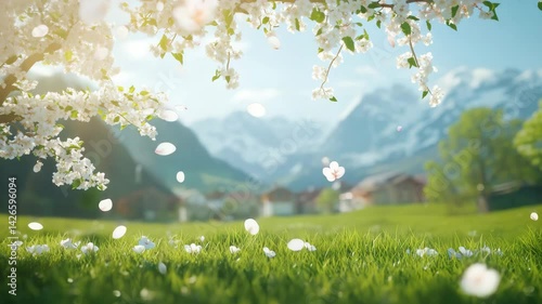 Beautiful white flowers bloom in a green spring meadow under the blue sky, a natural and beautiful countryside landscape